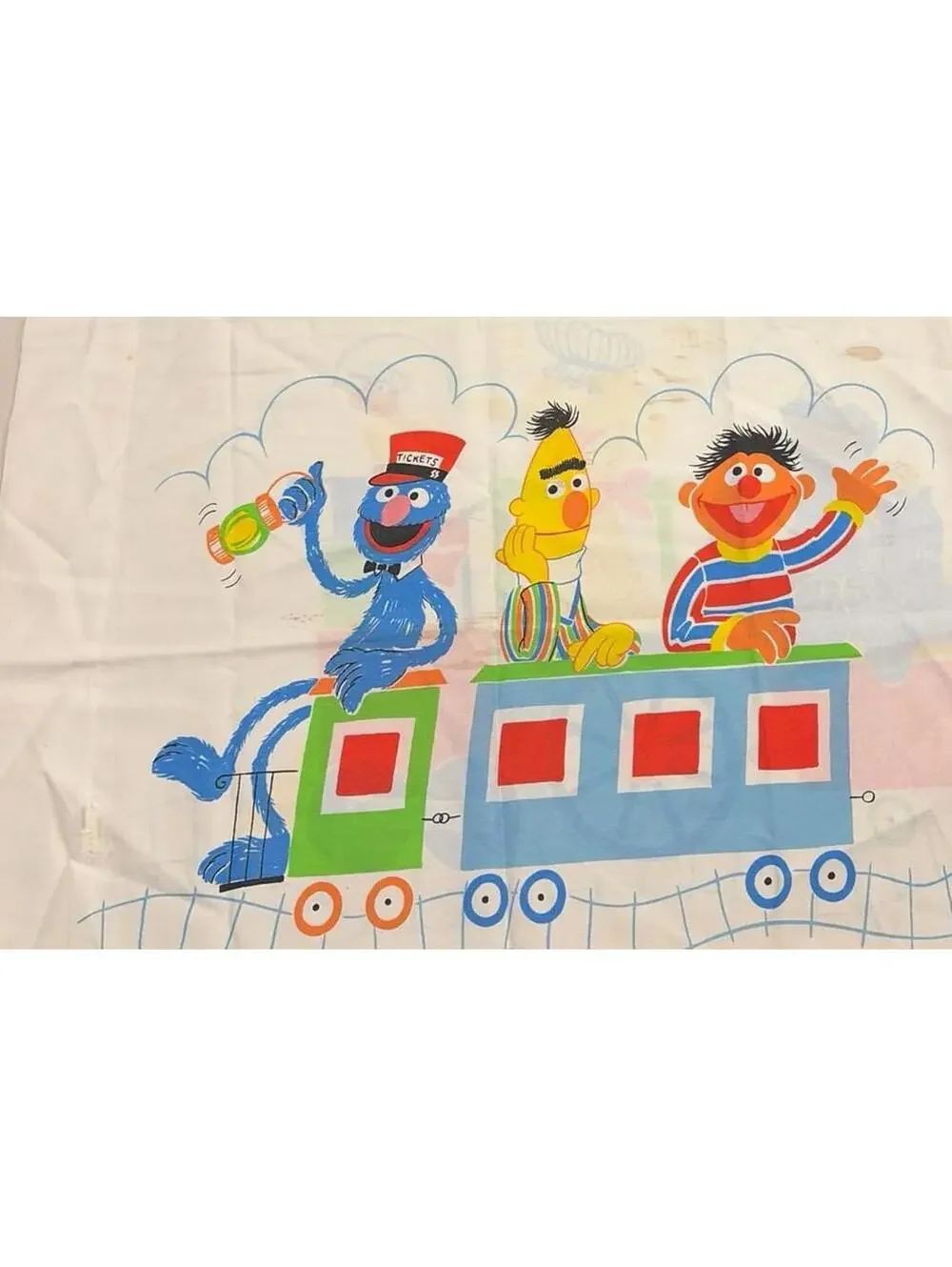 Vintage 80s Sesame Street Big Bird Cookie Monster Bert Ernie Train Pillowcase